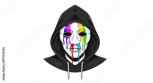 Hooded figure with mask dripping with rainbow paint, symbolizing creativity and anonymity