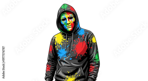 Man in mask with colorful paint splatters on hoodie and face