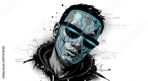 Hacker with glowing circuit face mask and sunglasses, digital art