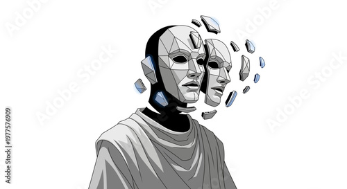 Robot head shattering into pieces, AI concept, artificial intelligence, digital art