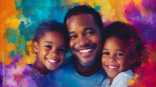 Joyful African American family portrait with colorful background