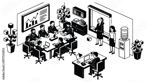 Business professionals working together in a modern office setting with laptops and a large screen displaying a graph