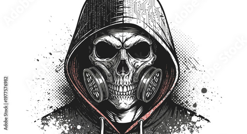 Skull with gas mask and hoodie, cyberpunk, dystopian, hacker