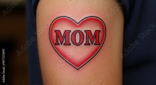 A vibrant red heart tattoo with mom inside displayed on skin on transparent background
