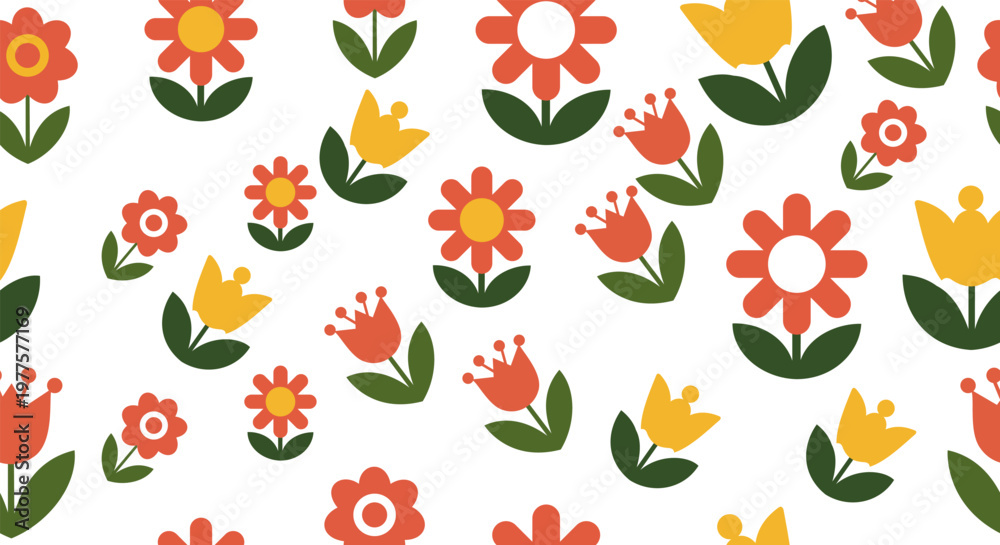 Obraz premium Seamless pattern of stylized red and yellow flowers with green leaves on white floral pattern