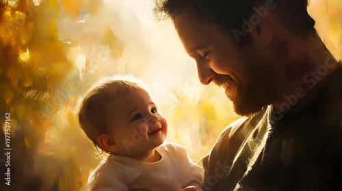 Tender moment of father and baby in warm sunlight