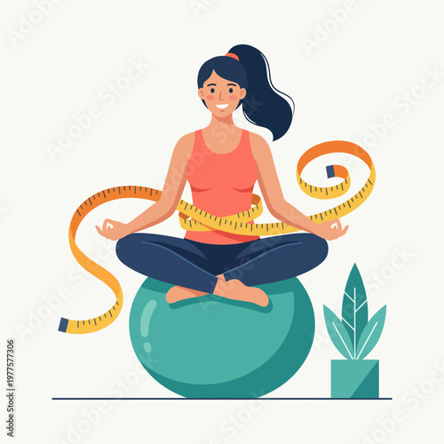 A tranquil image depicting a woman meditating on a fitness ball while surrounded by measuring tape, symbolizing balance, wellness, and personal fitness in a peaceful environment.