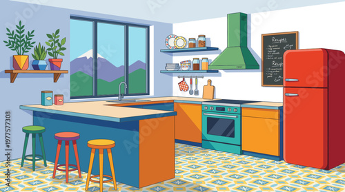This illustration showcases a vibrant, modern kitchen featuring a unique color palette, stylish furniture, and captivating decorative elements that create a cheerful atmosphere.