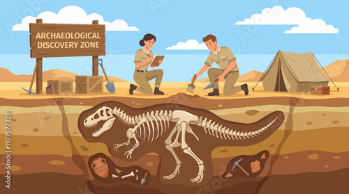 An engaging illustration depicting archaeologists unearthing dinosaur fossils in a desolate landscape, showcasing an exciting moment of scientific discovery and exploration.