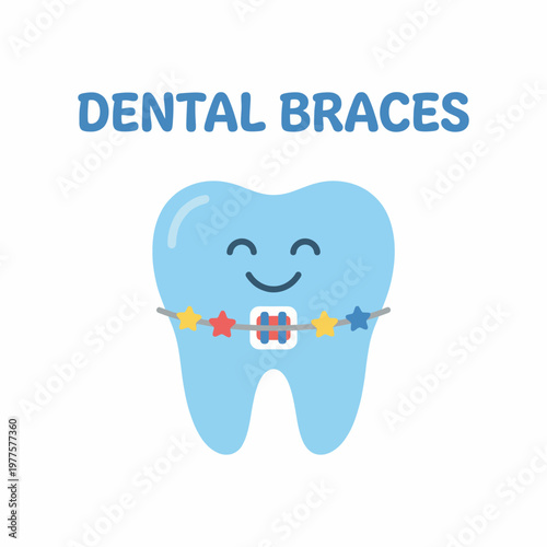 This playful graphic portrays a smiling tooth wearing colorful dental braces, promoting dental health awareness for children and parents in a fun way.