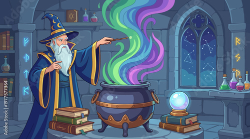 This enchanting image features a wizard stirring a vibrant potion in a cauldron, enriched with mystical elements related to fantasy and magic themes.