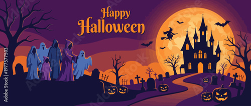 This captivating Halloween illustration features ghostly figures, bats, and a haunted castle contrasted against a vibrant orange moon, evoking a spooky atmosphere.