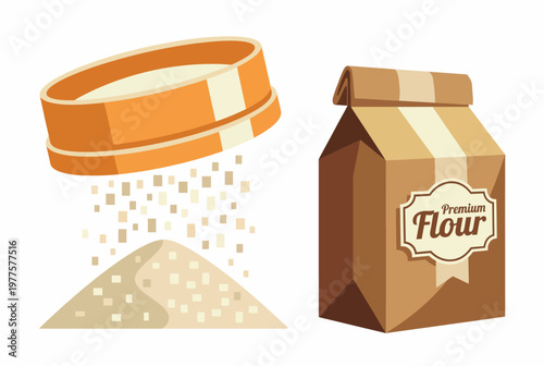 This illustration features a bag of premium flour alongside a sifter in action, emphasizing the importance of quality ingredients in cooking and baking for culinary success.