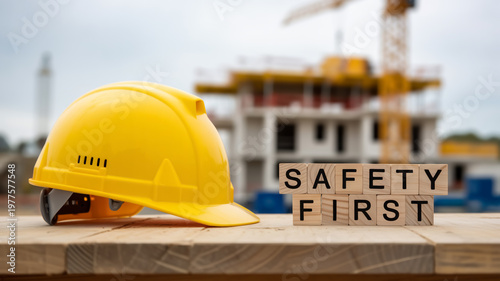 Close up photograph of construction safety helmet and safety first message.