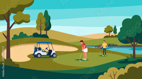 An engaging illustration of golfers enjoying a game on a vibrant course, showcasing the beauty of outdoor recreation and the joy of sportsmanship in nature.