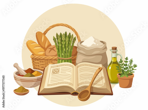 This invitation to culinary creativity features a recipe book surrounded by fresh ingredients, representing the joy of cooking and the art of combining flavors and textures.