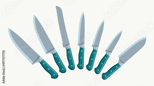 A neatly arranged set of various sharp kitchen knives with teal handles, showcasing different types, perfect for culinary enthusiasts and modern kitchen aesthetics.