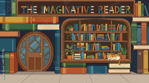 This image captures the essence of a charming bookstore with a cozy atmosphere, showcasing stacks of books, a welcoming entrance, and a cute cat resting peacefully.