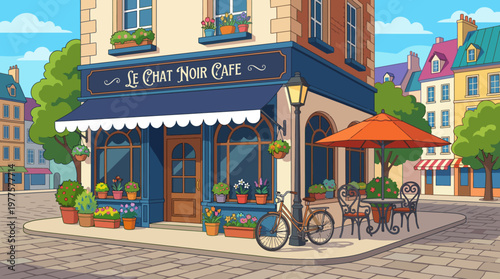 A beautifully designed café titled 'Le Chat Noir,' adorned with flowers and a charming bike outside, capturing the essence of a lively urban neighborhood atmosphere.