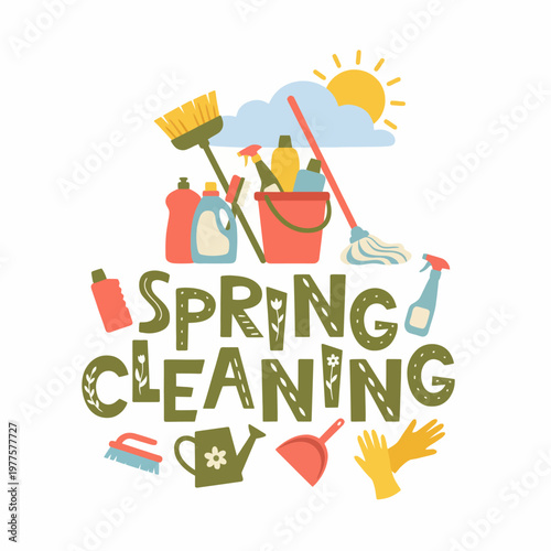 A vibrant collection of spring cleaning supplies including mops, buckets, and gloves, symbolizing the joy and renewal that comes with a thorough clean of your space.