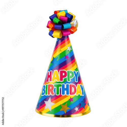 A colorful party hat with happy birthday written on it