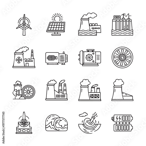 Renewable Energy Sources Icons: Wind Turbine Solar Panel Factory Hydroelectric Dam Nuclear Power Plant Generator Battery
