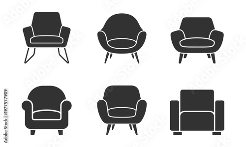 set of six black armchair icons isolated on transparent background