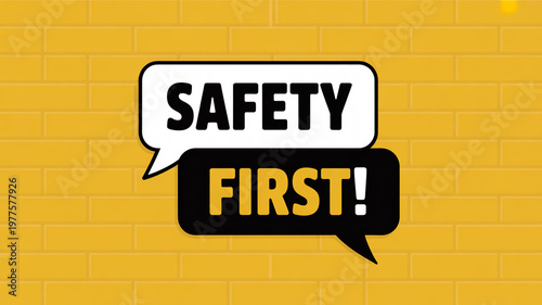 Safety themed graphic design on a bright yellow brick wall background.