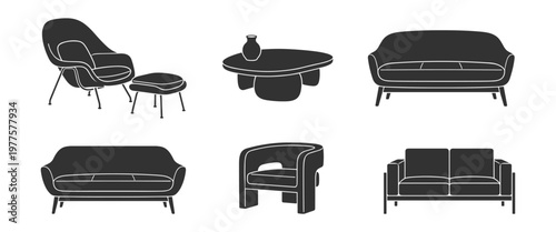 silhouettes of living room furniture set with armchair, sofa, ottoman, and coffee table on transparent background