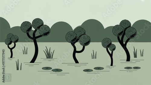 illustration of trees and lily pads in a swampy environment with grass and water