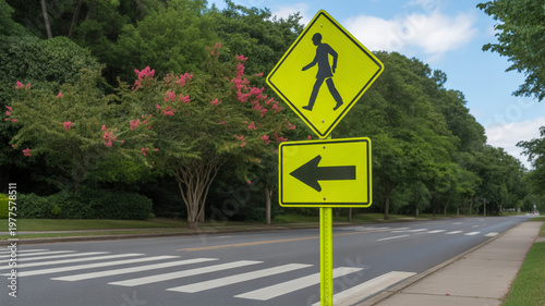 Daytime photograph of a pedestrian crossing sign on a suburban road.