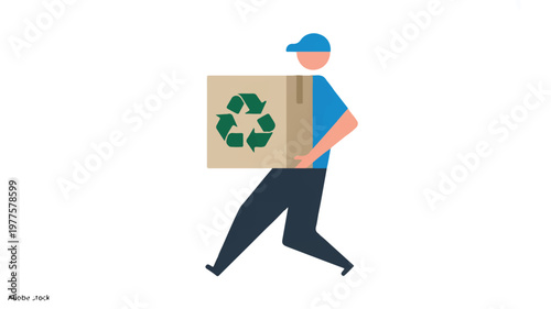 Man in blue shirt and cap carrying recyclable package