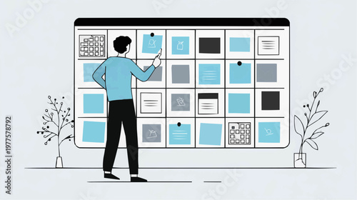 Flat vector illustration of a person organizing tasks on a large calendar board, suitable for productivity apps, business presentations, or project management websites.