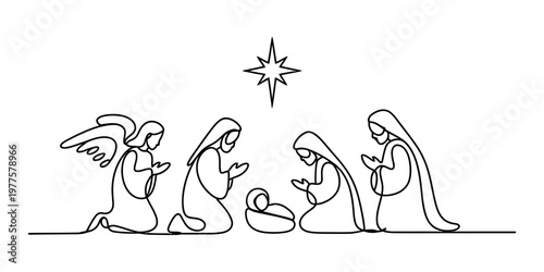 Minimalist one line art illustration of the holy family and angels at the birth of jesus christ.