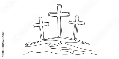 Continuous line drawing of three christian crosses on a hill symbolizing the crucifixion