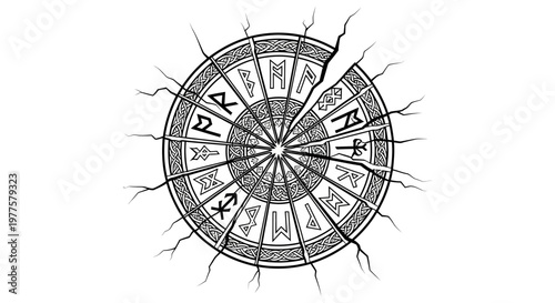 Cracked Rune Wheel with Zodiac Symbols