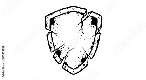 Cracked shield emblem, broken medieval armor, distressed heraldic symbol, grunge design