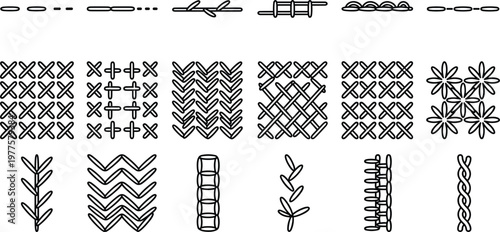 Embroidery stitches collection with various sewing patterns and decorative textile elements line art vector illustration for craft and needlework design