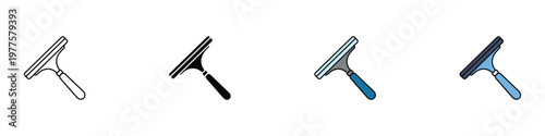 Glass squeegee icon set in various styles. Window cleaning tool, water scraper, and professional cleaning equipment for maintenance and hygiene. Vector Illustration.