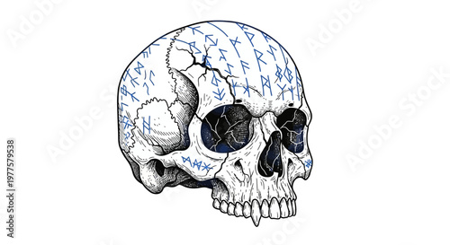Human skull with ancient runes carved on its surface, cracked and weathered
