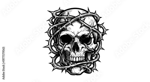 Skull entwined with thorny vines, dark gothic art, horror, death symbol
