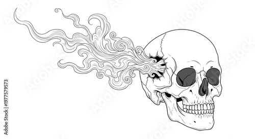 Skull with smoke emanating from the head, black and white illustration
