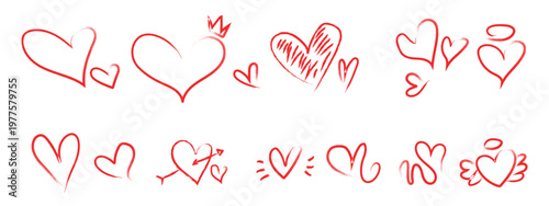 Hand drawn red heart doodles and sketches. Romantic decorative elements with crown angel wings and arrow for wedding or valentine day design. Vector Illustration.