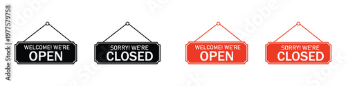 Open and closed sign board hanging icon set. Shop entrance door signage for business hours and retail stores. Vector Illustration.