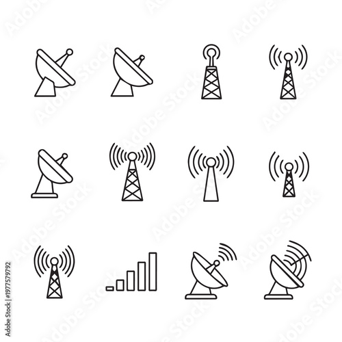 Satellite Dishes and Cell Towers Icons Collection Communication Network Symbols Clean Line Art