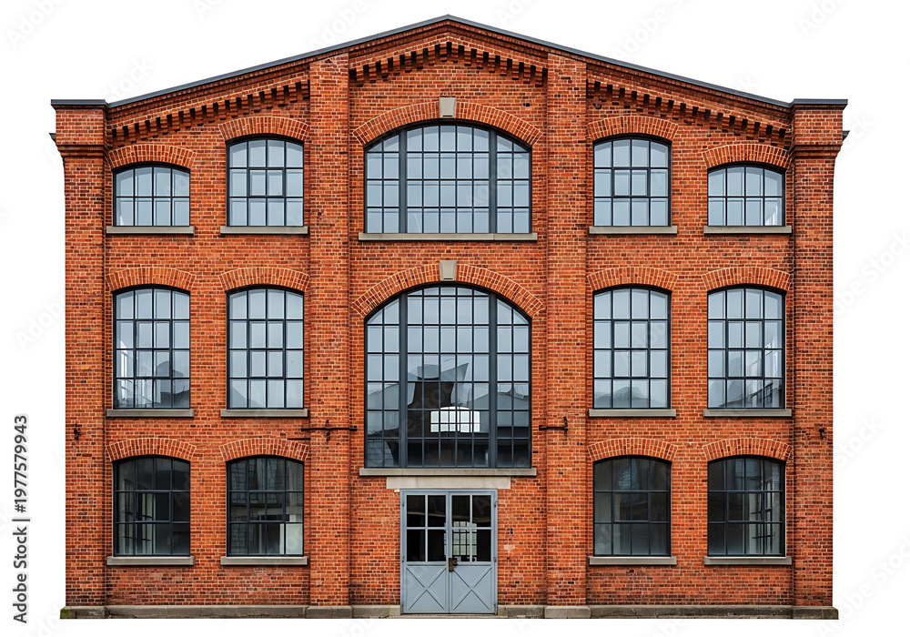 Fototapeta premium Symmetrical Front View of an Old Red Brick Industrial Building Facade Isolated on a White Background