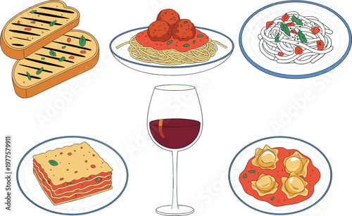 Italian food vector set with pasta meatballs, lasagna, ravioli, bruschetta, and glass of red wine