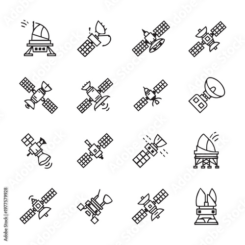 Satellite icons set in a clean line art style for technology and communication concepts