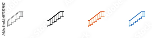 Staircase icon set with handrail for architecture and home interior. Stairs climbing symbol for construction and building design. Vector Illustration.