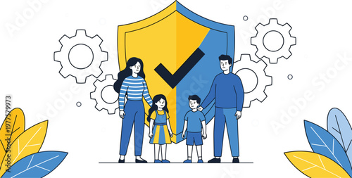 Family protection concept with shield and check mark parents and children safety modern flat vector illustration for insurance and security